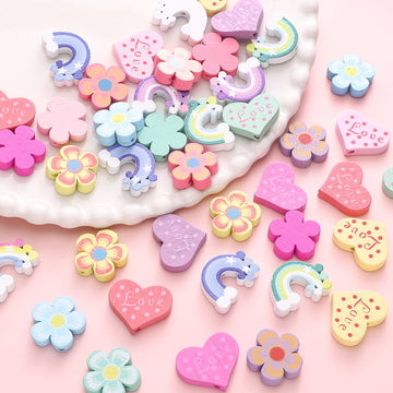 Cartoon Colorful Flowers, Love Hearts, Rainbow Wood Beads