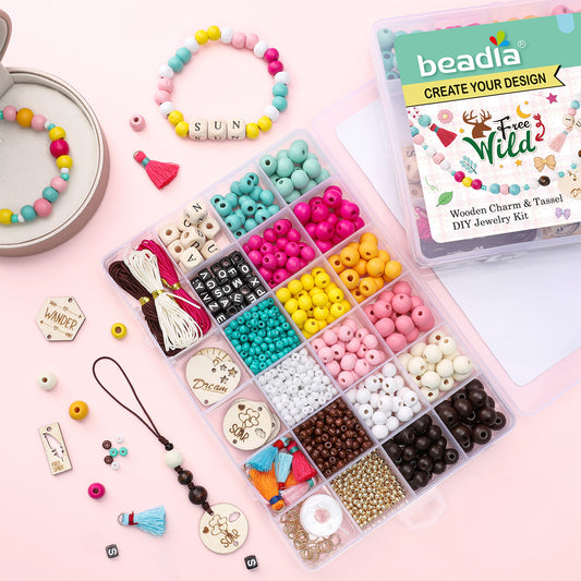 Wooden Bead & Tag Kit – DIY Jewelry Making Set for Bracelets, Necklaces & Keychains