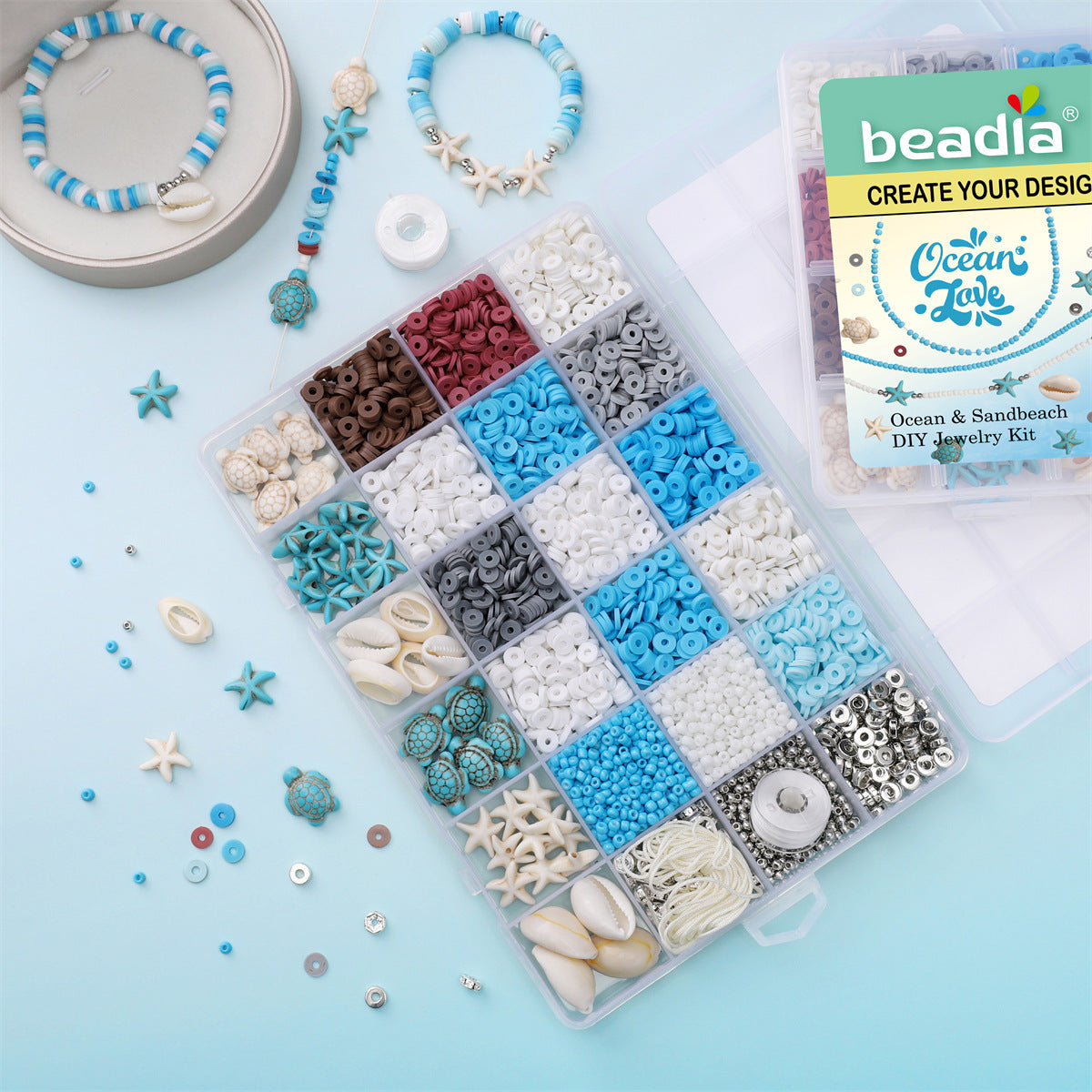 24-Grid Summer Ocean Bead Kit – Polymer Clay & Shell Beads DIY Jewelry Making Set for Bracelets & Necklaces