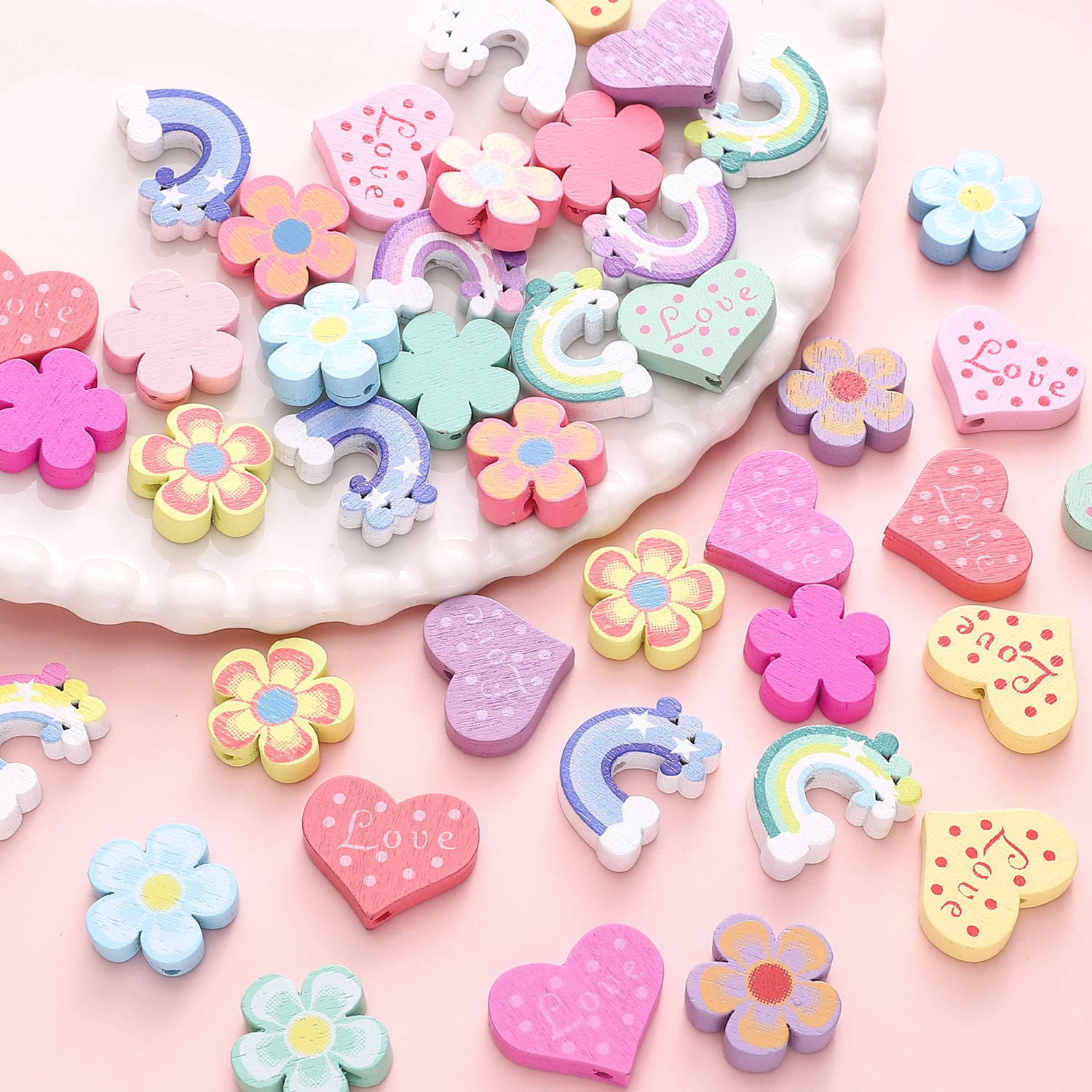 Cartoon Colorful Flowers, Love Hearts, Rainbow Wood Beads