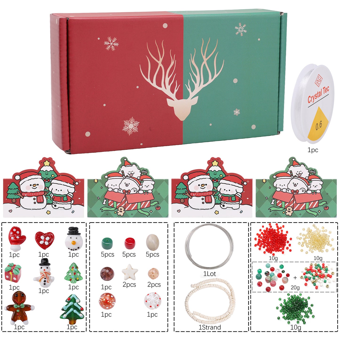 Christmas Snowman & Tree Bead Kit – DIY Jewelry Making Set for Bracelets, Necklaces & Holiday Crafts