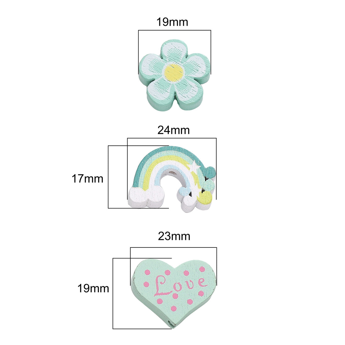 Cartoon Colorful Flowers, Love Hearts, Rainbow Wood Beads
