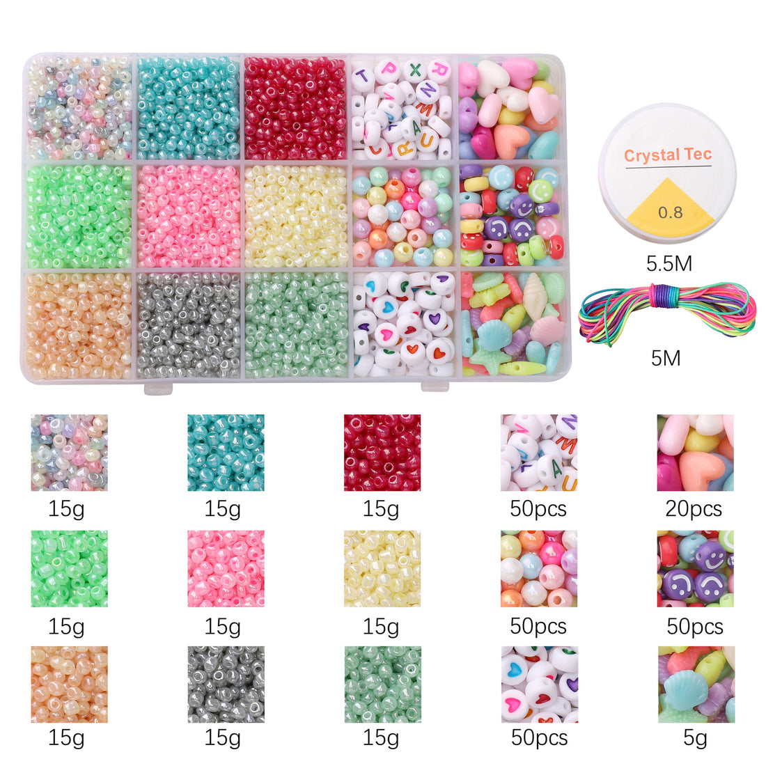 15-Compartment Acrylic Seed Bead Set – DIY Jewelry & Phone Charm Making Kit
