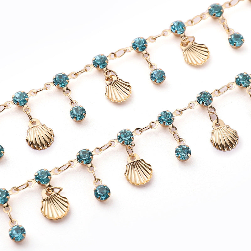 Color-Preserving Electroplating Blue sShell Copper Rhinestone Tassel Chain