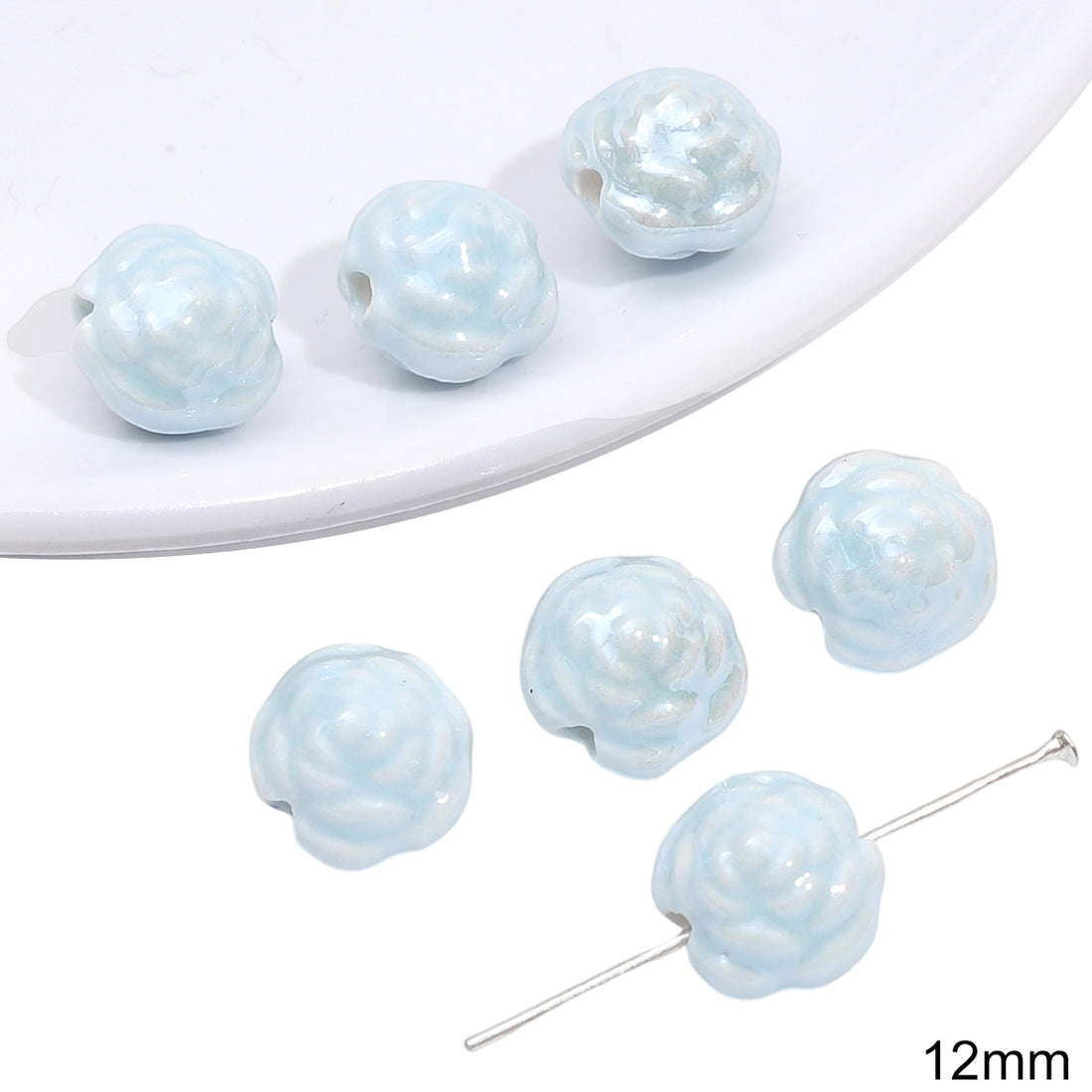 Flowers Ceramic Blue Tone Beads Jewelry Making Supplies