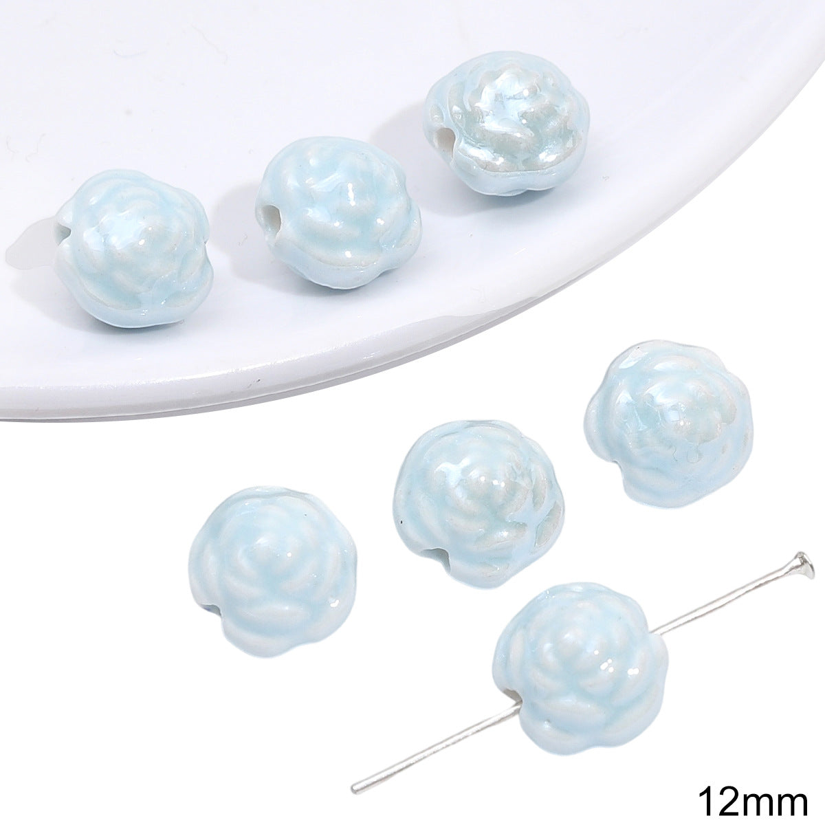 Flowers Ceramic Blue Tone Beads Jewelry Making Supplies