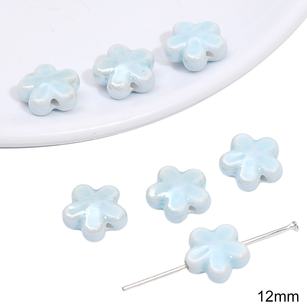 Flowers Ceramic Blue Tone Beads Jewelry Making Supplies