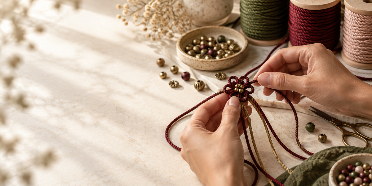 Hands arranging braided cords at a craft table