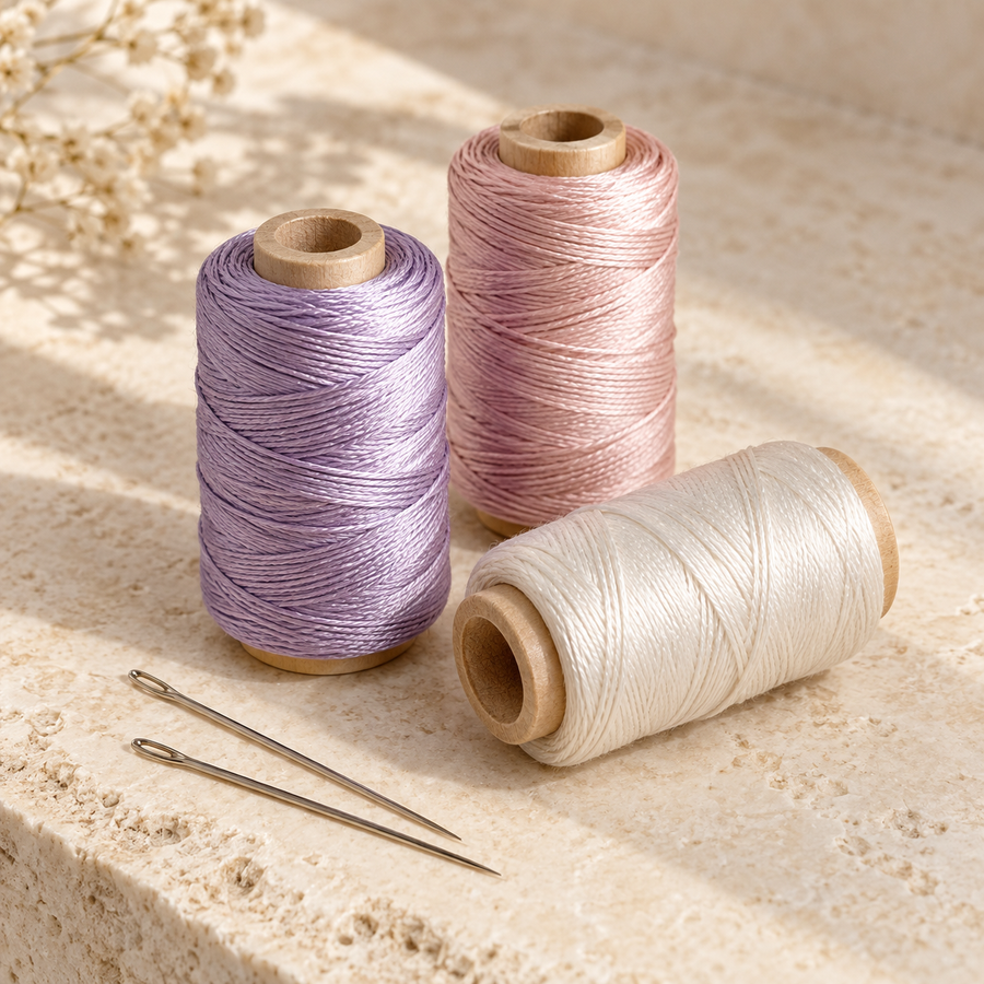 Raw embroidery thread spools and needles